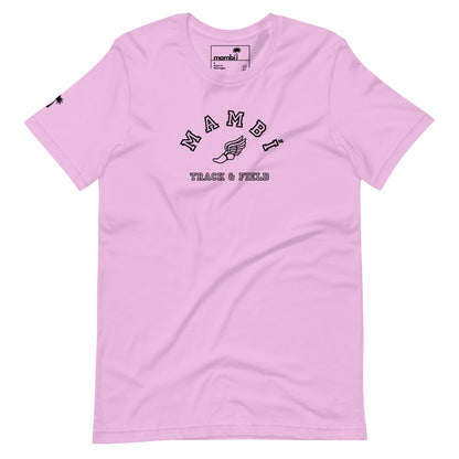 Light pink Mambí T-shirt featuring MAMBI TRACK & FIELD and a winged foot graphic in black on the chest, plus a small palm tree icon on the left sleeve.