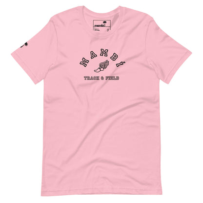A light pink T-shirt featuring Mambí in black arch text, a winged foot graphic, and TRACK & FIELD below on the chest. A small palm tree graphic accents the left sleeve near the shoulder.