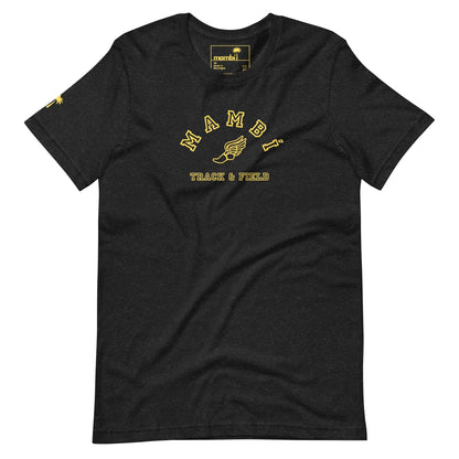 Black t-shirt with Mambí TRACK & FIELD printed in yellow and a winged foot graphic below Mambí. Small yellow logo details appear on the collar tag and left sleeve.