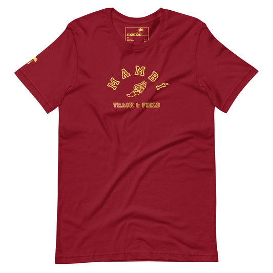 The Falcon Varsity Track & Field Tee by Printful features yellow print and a winged foot graphic on a red shirt, plus an inner brand label—blending nostalgic style with modern comfort.
