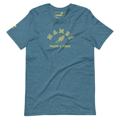 Blue t-shirt with yellow text that reads Mambí TRACK & FIELD above and below a winged shoe graphic. A small yellow palm tree accents the left sleeve, and the brand label is visible inside the collar.