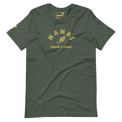 Dark green Mambí t-shirt featuring yellow MAMBI TRACK & FIELD text and a winged foot graphic on the chest, plus a small yellow design on the left sleeve.
