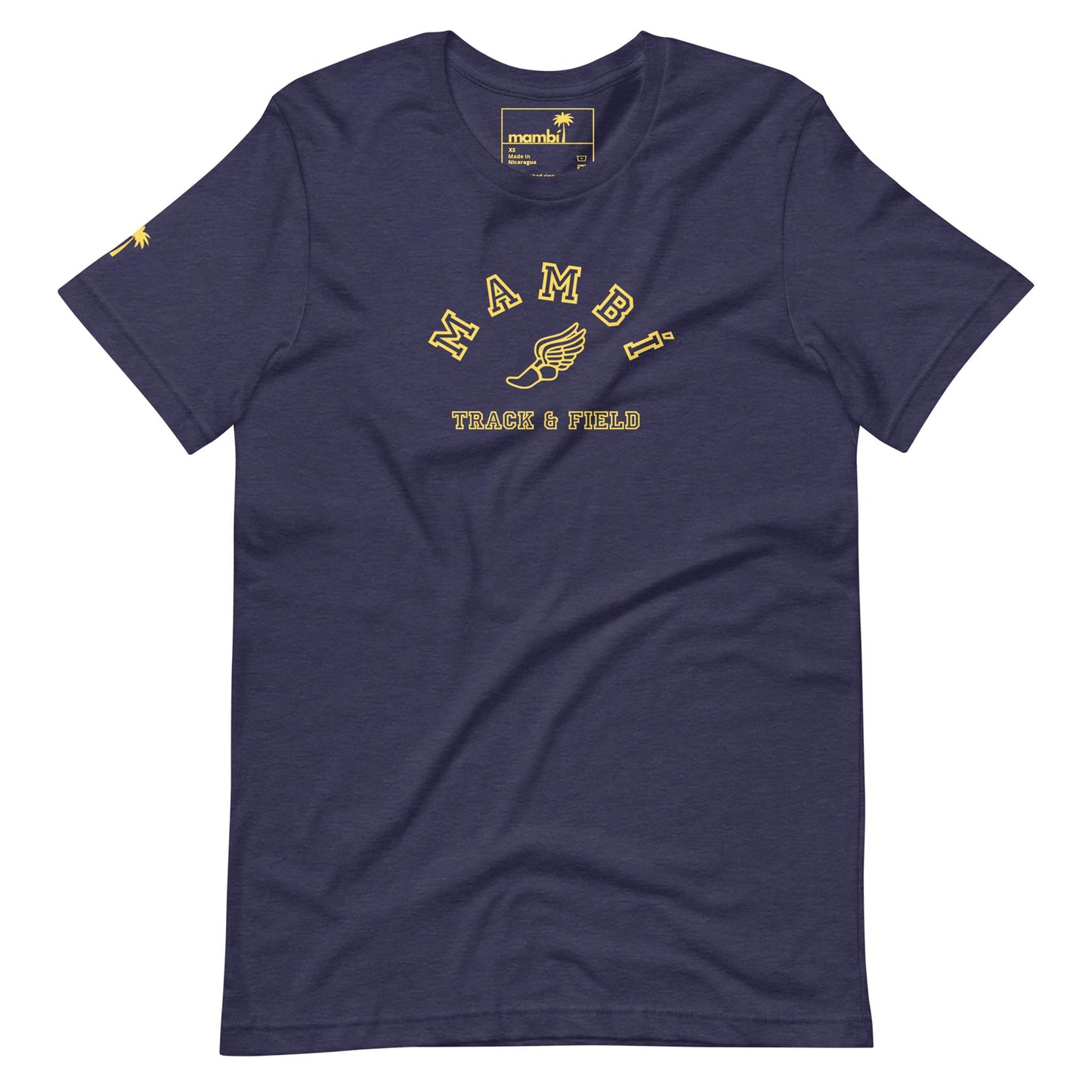 Navy blue t-shirt featuring Mambí in yellow arched text, a winged foot graphic, and TRACK & FIELD below. A small yellow palm tree accents the left sleeve.