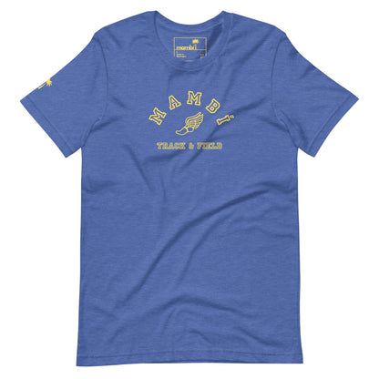 Blue t-shirt with yellow Mambí TRACK & FIELD text and a winged shoe graphic on the chest. A small yellow palm tree accents the left sleeve.