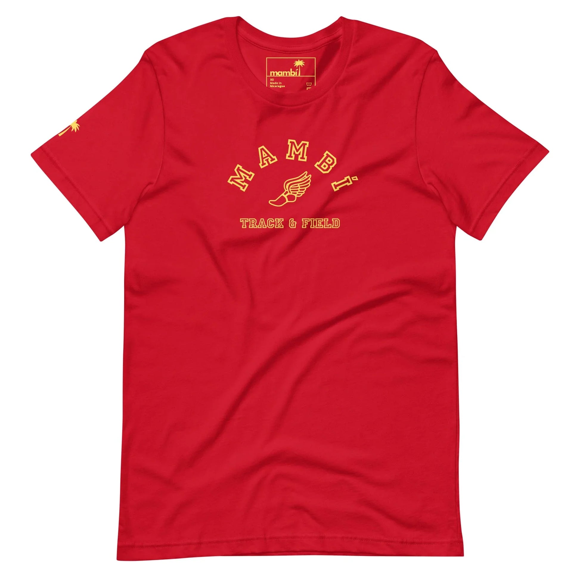 Red t-shirt with yellow text reading Mambí above a winged shoe graphic and TRACK & FIELD below. A small yellow palm tree accents the left sleeve. The shirt features a classic crew neck design.