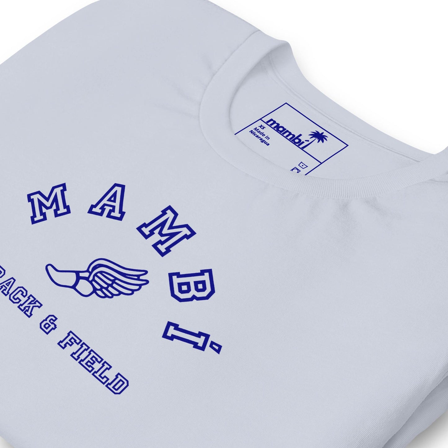 Close-up of a light gray sweatshirt featuring Mambí Track & Field and a blue winged shoe graphic on the front. The inner label shows “Aramibí” with a palm tree logo and size details.