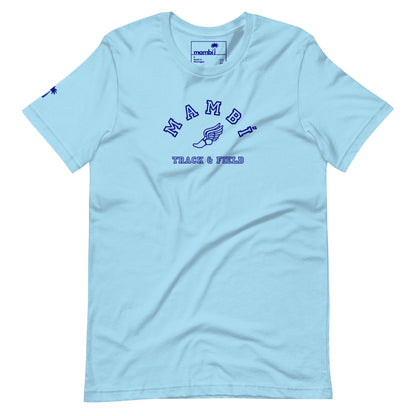 Light blue t-shirt featuring the text “Mambí” with a winged foot graphic underneath and “TRACK & FIELD” below it, all in dark blue. Includes a small logo on the sleeve.