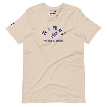 Beige Mambí t-shirt featuring the words TRACK & FIELD in blue text with a winged foot graphic at the center and a small design on the left sleeve near the cuff.