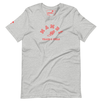 Light gray Mambí t-shirt with red text reading MAMBI TRACK & FIELD and a winged shoe graphic in the center. A small red graphic decorates the left sleeve.