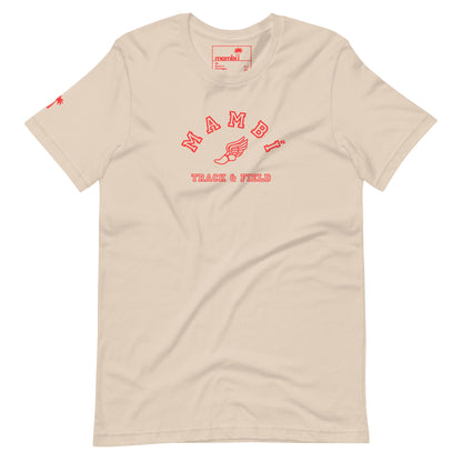 Beige t-shirt with red text that reads MAMBI TRACK & FIELD, featuring a winged foot graphic in the center. A small red palm tree accents the left sleeve, capturing a classic Mambí vibe.