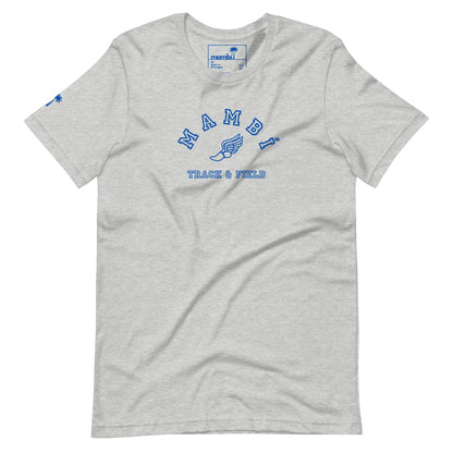 The Printful Falcon Varsity Track & Field Tee is a light gray unisex shirt from the Throwback Collection, featuring royal blue MAMBI text above a winged foot graphic and TRACK & FIELD below, with short sleeves and a small logo on the right sleeve.