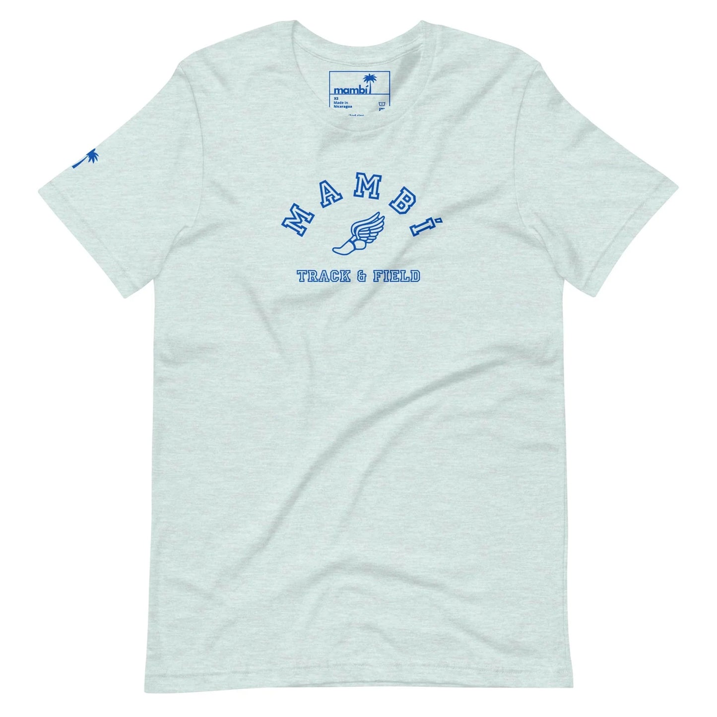 From Printfuls Throwback Collection, the unisex Falcon Varsity Track & Field Tee in light gray features royal blue Mambi Track & Field text with a winged shoe graphic, plus small logo accents on the inside neck label and left sleeve.