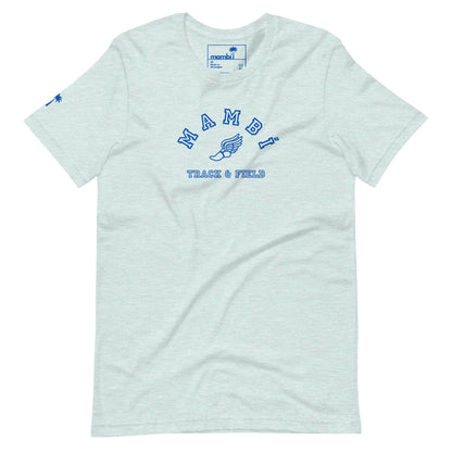 From Printfuls Throwback Collection, the unisex Falcon Varsity Track & Field Tee in light gray features royal blue Mambi Track & Field text with a winged shoe graphic, plus small logo accents on the inside neck label and left sleeve.