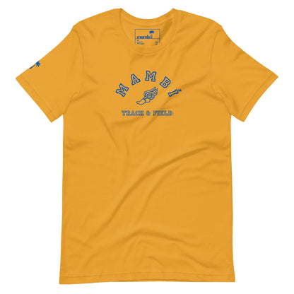 The Printful Falcon Varsity Track & Field Tee features bold royal MAMBI varsity letters and a winged foot graphic on yellow, finished with a blue sleeve logo and collar tag for a retro-meets-modern unisex look.