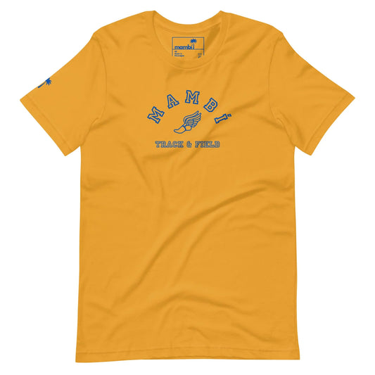 The Printful Falcon Varsity Track & Field Tee features bold royal MAMBI varsity letters and a winged foot graphic on yellow, finished with a blue sleeve logo and collar tag for a retro-meets-modern unisex look.