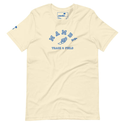 The Printful Falcon Varsity Track & Field Tee is a cream unisex shirt from the Throwback Collection, featuring blue MAMBI TRACK & FIELD and winged shoe graphics, a palm tree on the sleeve, and a visible collar tag for modern comfort.