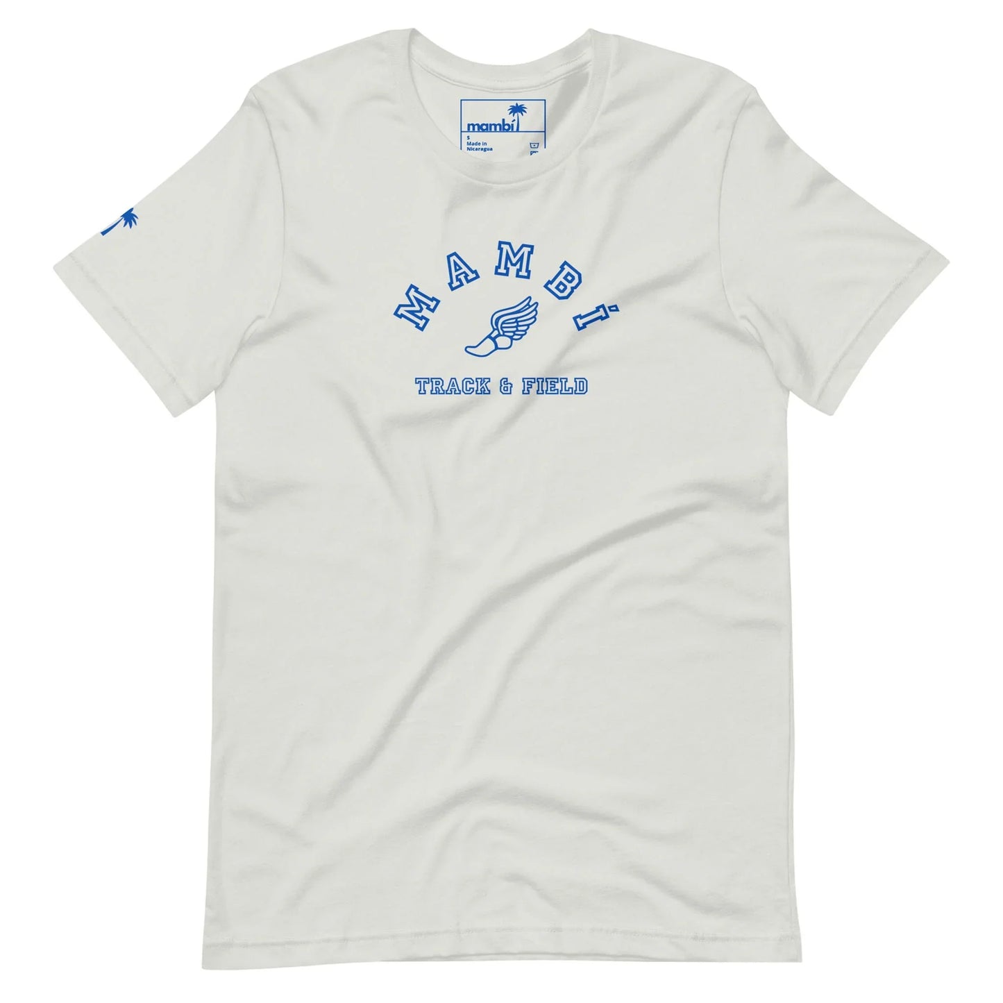 The Printful Falcon Varsity Track & Field Tee is a white unisex shirt from our Throwback Collection, featuring royal blue “Mambi Track & Field” text, a winged foot graphic, a small palm tree on the sleeve, and a visible inside neck label.
