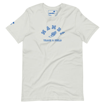 The Printful Falcon Varsity Track & Field Tee is a white unisex shirt from our Throwback Collection, featuring royal blue “Mambi Track & Field” text, a winged foot graphic, a small palm tree on the sleeve, and a visible inside neck label.