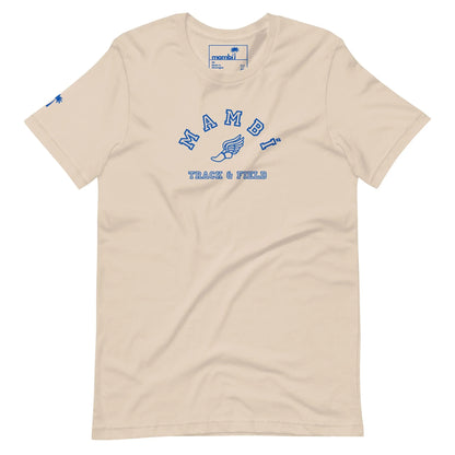The Falcon Varsity Track & Field Tee by Printful is a beige unisex t-shirt from the Throwback Collection, featuring royal blue MAMBI TRACK & FIELD text, a winged foot graphic, and a small blue palm tree icon on the left sleeve.