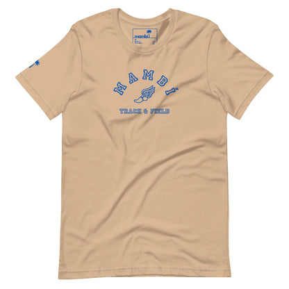 Part of our Throwback Collection, the Printful “Falcon” Varsity Track & Field Tee pairs vintage style with modern comfort. This beige unisex shirt features royal blue MAMBI TRACK & FIELD text, a winged shoe graphic, and a small blue palm tree on the left sleeve.