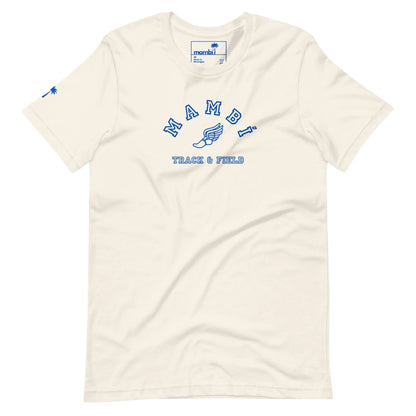 The Falcon Varsity Track & Field Tee by Printful is a cream-colored unisex shirt with royal blue MAMBI TRACK & FIELD text and a winged shoe graphic on the front, plus a small blue palm tree on the left sleeve.