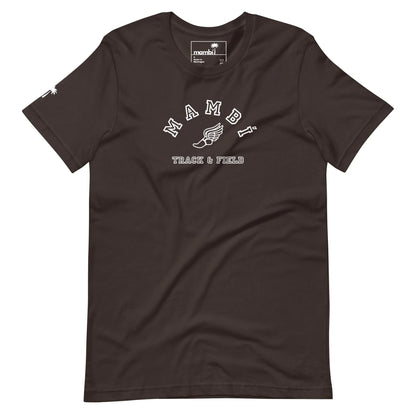 A black t-shirt featuring the word Mambí in white, arched letters above a winged foot graphic. Below, TRACK & FIELD is printed in bold white capital letters.