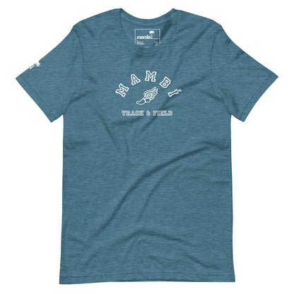 Blue short-sleeve T-shirt with MAMBÍ in white, arched text above a winged foot graphic. TRACK & FIELD is printed below. The shirt features a small logo on the left sleeve and a neck tag.