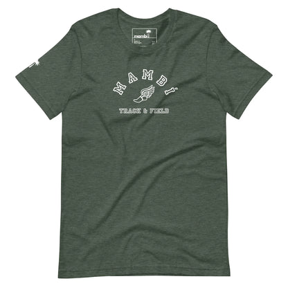 Dark green t-shirt featuring “Mambí” in white, an illustrated winged shoe, and “TRACK & FIELD” beneath on the front. A small white logo accents the left sleeve.