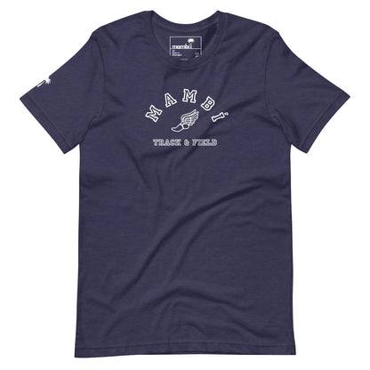 Navy blue t-shirt featuring Mambí in white letters, a winged foot graphic, and TRACK & FIELD below on the front. A small white graphic accents the left sleeve.