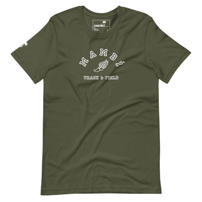 An olive green Mambí T-shirt featuring MAMBI TRACK & FIELD and a winged foot graphic in white on the front, plus a small white logo on the left sleeve.