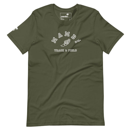 An olive green Mambí T-shirt featuring MAMBI TRACK & FIELD and a winged foot graphic in white on the front, plus a small white logo on the left sleeve.