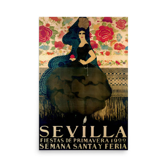 A vintage poster featuring a flamenco dancer in a black dress, holding a red fan, with colorful floral patterns and subtle Mambí influences. Text reads: Sevilla Fiestas de Primavera 1929 Semana Santa y Feria.