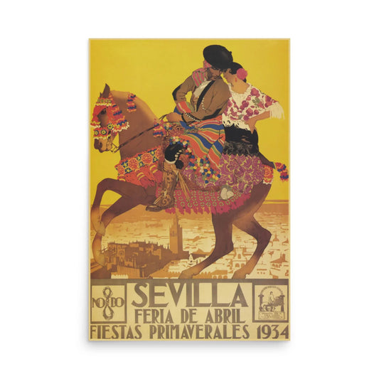 Vintage poster for the 1934 Sevilla Feria de Abril, featuring a man and woman in traditional Spanish attire riding a decorated horse, with a cityscape and yellow sky. The Spanish text promotes the spring festival’s Mambí spirit.