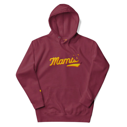 A maroon hooded sweatshirt featuring Mambí-inspired yellow script Mami across the chest with a yellow underline accent, front pocket, and drawstrings.