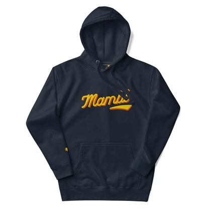 A navy blue hooded sweatshirt featuring the word Mambí in yellow cursive across the chest, with three small yellow lines above the writing. This hoodie includes a front pocket and stylish drawstrings.