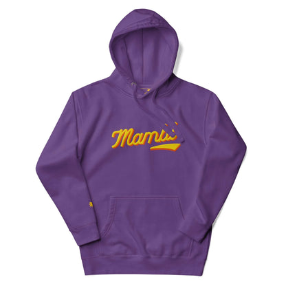 A purple hooded sweatshirt featuring the word Mama in yellow script across the chest, a small yellow accent below, and matching purple drawstrings. This cozy hoodie has a front pocket and subtle Mambí charm.
