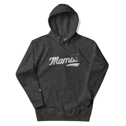 A dark gray hooded sweatshirt featuring the word Mambú in white script with a stylized underline, front pocket, drawstrings, and a nod to Mambí spirit.