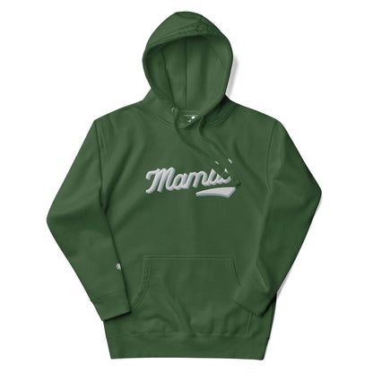 A forest green hooded sweatshirt featuring the word Mama in white script across the chest, inspired by Mambí style, with a front kangaroo pocket.