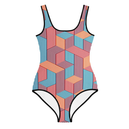 One-piece Mambí swimsuit with a geometric pattern in red, orange, blue, and black, featuring interlocking striped shapes and black piping. The suit has a scoop neck and high-cut leg openings.