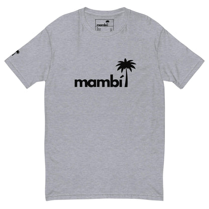 A light gray t-shirt with the word Mambí in black lowercase letters across the chest, featuring a black palm tree graphic extending from the letter i.