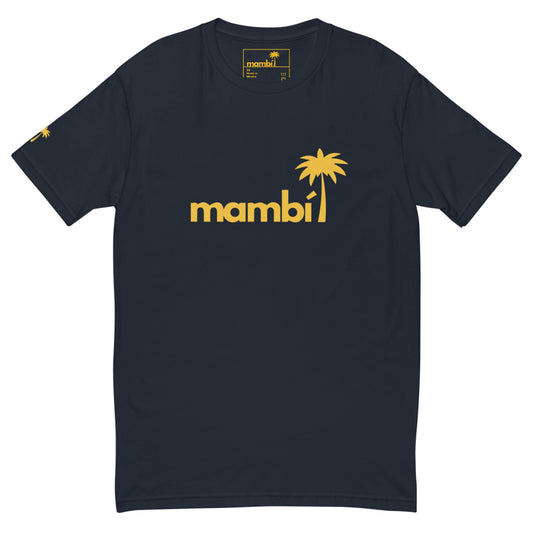 Navy blue t-shirt featuring the word Mambí in bold yellow letters with a yellow palm tree above the letter i and a small yellow palm tree on the left sleeve.