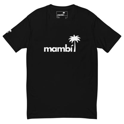 Black t-shirt with the word Mambí in white lowercase letters centered on the chest, featuring a white palm tree design replacing the dot above the i. A small palm tree also accents the left sleeve.