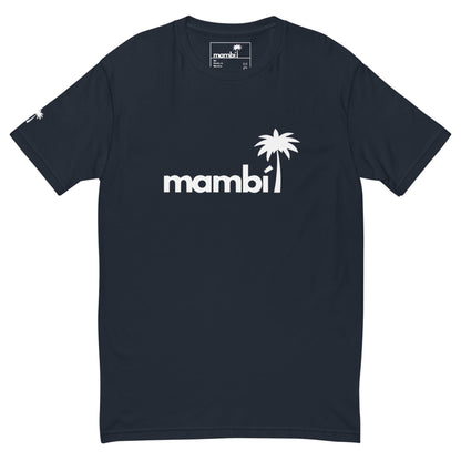A navy blue t-shirt with the word Mambí in white lowercase letters across the chest, featuring a white palm tree graphic replacing the letter i.
