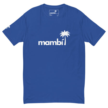 Blue t-shirt with the word Mambí in bold white letters across the chest, featuring a stylized white palm tree forming the letter i. A small palm tree graphic appears on the left sleeve.