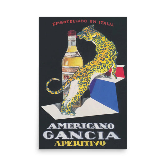 A vintage-style poster features a leopard with front paws on a large bottle of Gancia Americano aperitivo, set against geometric shapes, with Mambí-inspired Italian text above and the product name below.