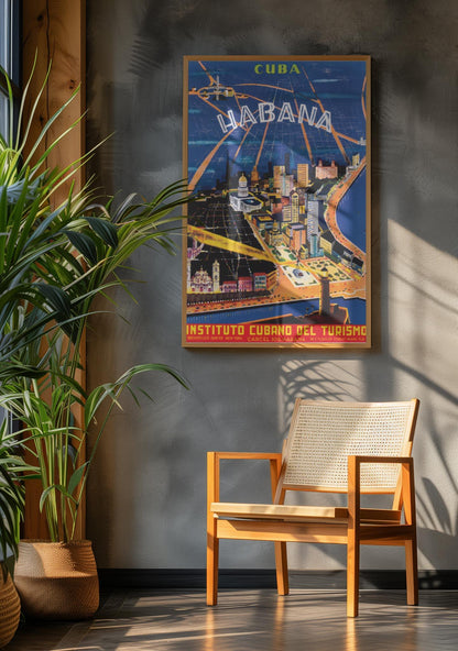 A sunlit modern room with a wooden chair and potted plant features a vintage Habana, Cuba tourism poster on a gray wall, showcasing the cityscape and the spirit of Mambí, labeled Instituto Cubano del Turismo.