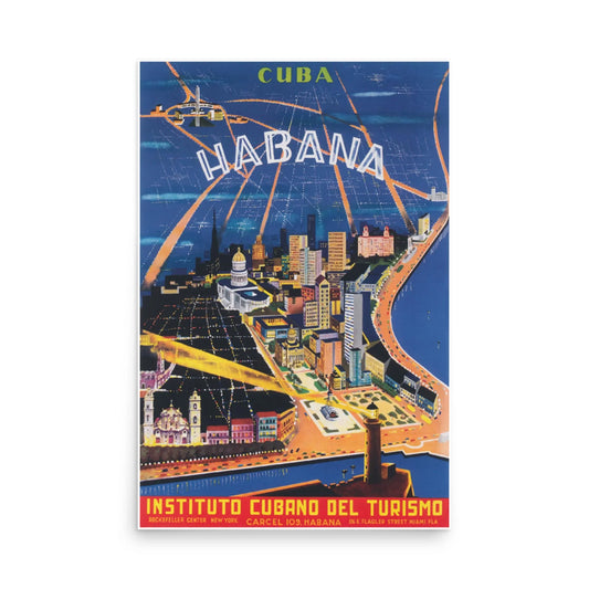 Vintage travel poster for Cuba featuring a stylized illustration of Havana with landmarks, bright lights, flight paths, and a nod to Mambí spirit. Text reads Habana and Instituto Cubano del Turismo in Spanish at the bottom.