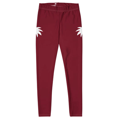 Maroon leggings with a fitted waistband, featuring two white palm leaf graphics on the upper sides of each hip. The Mambí leggings are displayed flat on a white background.