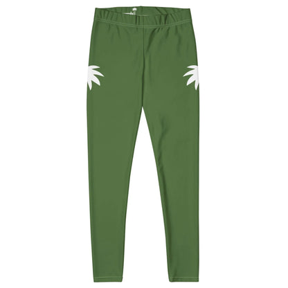 Green Mambí leggings with a high waist and two white, stylized leaf shapes on the front of each hip. The minimalist design stands out against a plain white background.