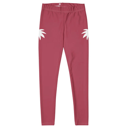 Pink Mambí leggings with a high waistband and two white, palm leaf-like designs on the upper thighs. The leggings are laid flat on a white background.